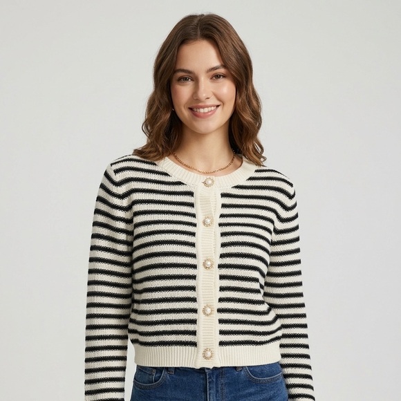 Striped Black and White Women's Sweater With Pearl Buttons - Picture 10 of 10